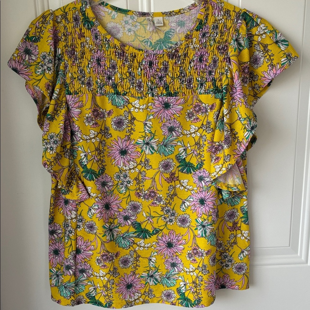 Cato Yellow Floral Smocked Ruffle Sleeve Top